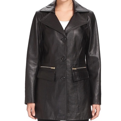 Fully handmade products prepared from genuine leather black color coat, women black long coat style