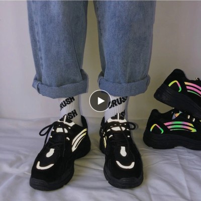 Black harajuku mesh reflective platform casual sneakers - Thumbnail 5