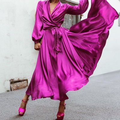 Elegant satin solid color long sleeve dress - Thumbnail 3