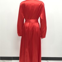 Elegant Satin Solid Color Long Sleeve Dress - Thumbnail 4