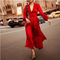Elegant Satin Solid Color Long Sleeve Dress - Thumbnail 3