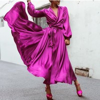 Elegant Satin Solid Color Long Sleeve Dress - Thumbnail 1