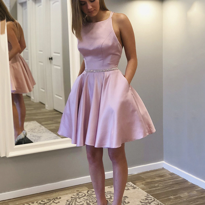 Pink satin short prom dress cute homecoming dress - Thumbnail 4