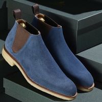 New Handmade Chelsea Suede Pure Leather Blue Ankle Boots for Men's - Thumbnail 1