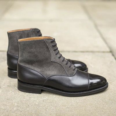 New handmade pure dark gray suede & black leather ankle boots for men's - Thumbnail 3