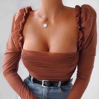 Long Sleeve Chiffon Mesh Puff Sleeve Top - Thumbnail 2