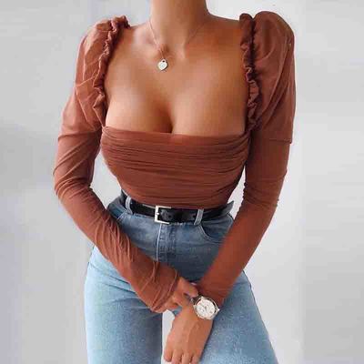 Long Sleeve Chiffon Mesh Puff Sleeve Top