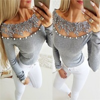 Sexy One-Shoulder Off-Shoulder Lace Pearl Top - Thumbnail 1