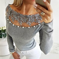 Sexy One-Shoulder Off-Shoulder Lace Pearl Top - Thumbnail 2