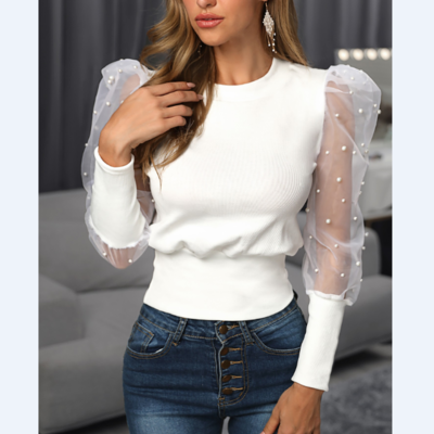 Women pearl round neck bubble-sleeved shirt lace blouse - Thumbnail 4
