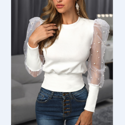 Women Pearl Round Neck Bubble-Sleeved Shirt Lace Blouse