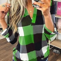 Casual V-Neck Long-Sleeved Plaid Printing Shirt - Thumbnail 3