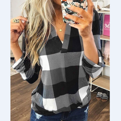 Casual v-neck long-sleeved plaid printing shirt - Thumbnail 4