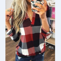 Casual V-Neck Long-Sleeved Plaid Printing Shirt - Thumbnail 2