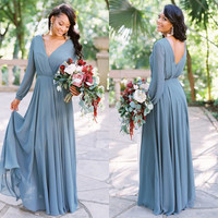 Elegant A-Line V Neck Long Sleeves Dusty Blue Chiffon Long Bridesmaid Dresses Under 100 - Thumbnail 1