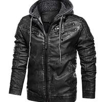 Men's Black Biker Motorcycle Stand up color Winter Slim Fit Removable Hood Faux Leather Jacket - Thumbnail 2