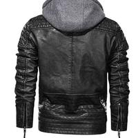 Men's Black Biker Motorcycle Stand up color Winter Slim Fit Removable Hood Faux Leather Jacket - Thumbnail 1