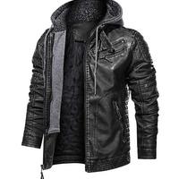 Men's Black Biker Motorcycle Stand up color Winter Slim Fit Removable Hood Faux Leather Jacket - Thumbnail 3