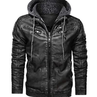 Men's black biker motorcycle stand up color winter slim fit removable hood faux leather jacket