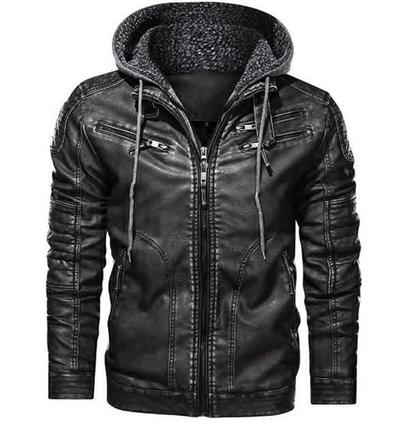 Men's Black Biker Motorcycle Stand up color Winter Slim Fit Removable Hood Faux Leather Jacket