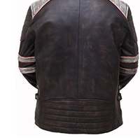 Vintage Cafe Racer Retro Motorcycle Distressed Biker Leather Jacket for Mens Black White Stripes - Thumbnail 1