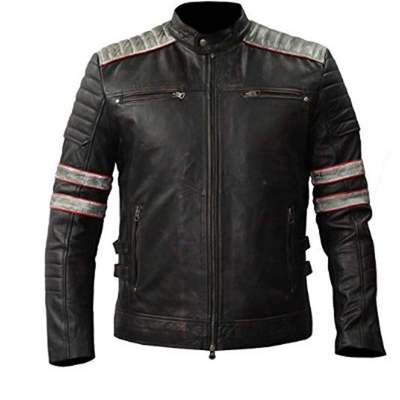 Vintage cafe racer retro motorcycle distressed biker leather jacket for mens black white stripes