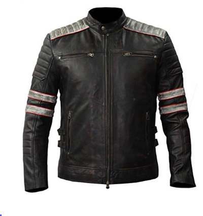 Vintage Cafe Racer Retro Motorcycle Distressed Biker Leather Jacket for Mens Black White Stripes