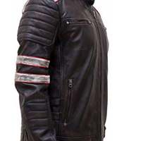 Vintage Cafe Racer Retro Motorcycle Distressed Biker Leather Jacket for Mens Black White Stripes - Thumbnail 2