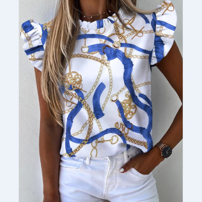 Casual chiffon round neck chain print top