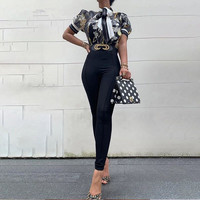 Printed Short Sleeve Bow Puff Sleeve Shirt - Thumbnail 3