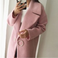 White and Pink Woolen Fashion Winter Coat - Thumbnail 2