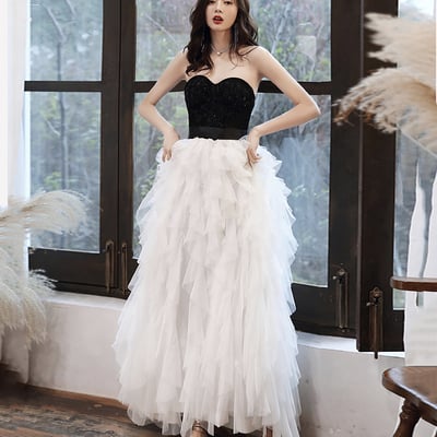 Stylish black and withe tulle long prom dress evening dress - Thumbnail 2