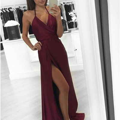 Discount a-line halter backless burgundy satin prom evening dress with split