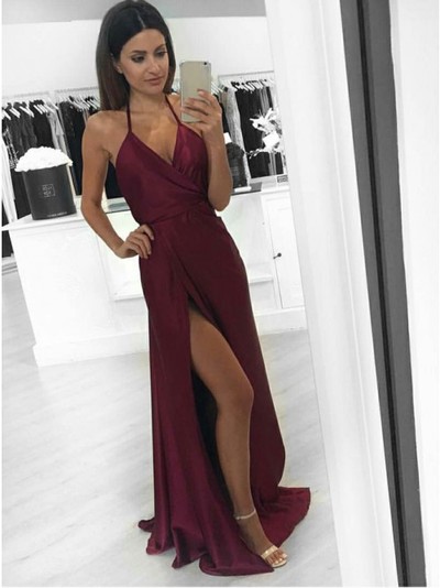 Discount A-Line Halter Backless Burgundy Satin Prom Evening Dress with Split