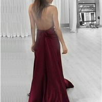 Discount A-Line Halter Backless Burgundy Satin Prom Evening Dress with Split - Thumbnail 1
