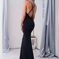 Simple Mermaid V-Neck Criss-Cross Straps Floor-Length Black Prom Evening Party Dress - Thumbnail 1