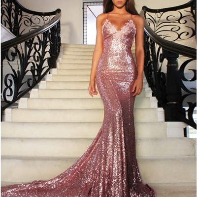 Mermaid scoop sweep train rose pink sequined prom evening dress