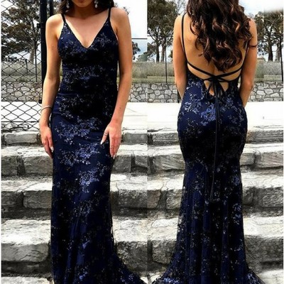 Glitter mermaid spaghetti straps backless navy blue prom dress,formal evening party dresses