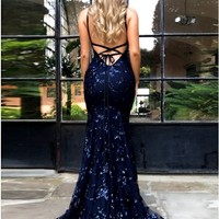 Glitter Mermaid Spaghetti Straps Backless Navy Blue Prom Dress,Formal Evening Party Dresses - Thumbnail 3