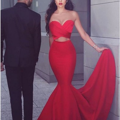 Elegant two piece sweetheart sweep train red long prom/evening dress