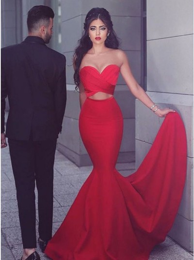 Elegant Two Piece Sweetheart Sweep Train Red Long Prom/Evening Dress