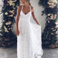 White flower lace V neck long summer beach prom dress, long open back graduation dresses,02 - Thumbnail 2