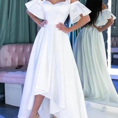 Simple white satin sweetheart long prom dress with short sleeve,03