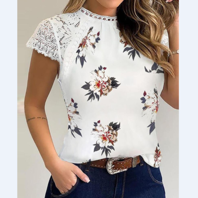Fashion printed lace splicing t-shirt