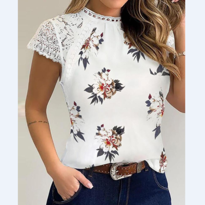 Fashion Printed Lace Splicing T-Shirt