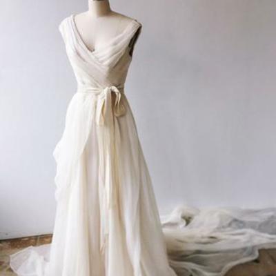 Ivory chiffon long v neck prom dress, evening dress wish sash,07