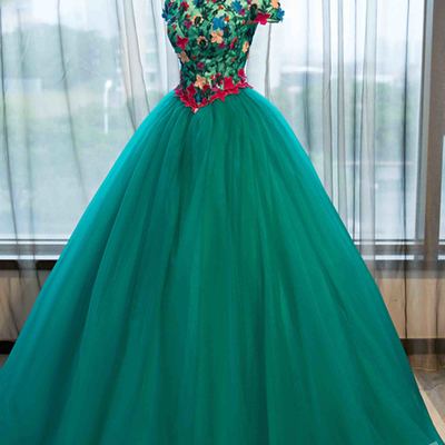 Green tulle applique off-shoulder a-line prom dress,ball gown dress for teens,08