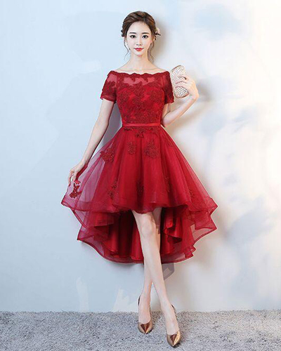 Red tulle off shoulder high low lace appliqués party dress with short sleeves,10