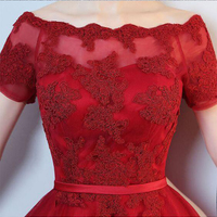 Red tulle off shoulder high low lace appliqués party dress with short sleeves,10 - Thumbnail 1