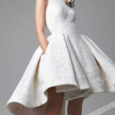 White handmade flowers round neck high-low a-line short prom dress,11,
